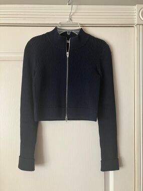 Alexander Wang Navy Ribbed Knit Cardigan With Zipper.